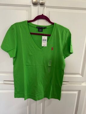 Ralph Lauren V-Neck Tee in Bright Green with Pink Pony
